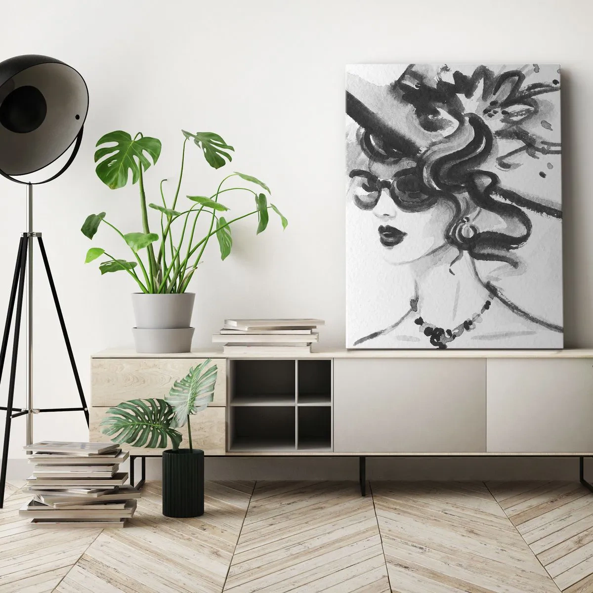 Impression sur toile - Image sur toile - Femme élégante avec un chapeau de style noir et blanc - 70x100cm - Une dame de caractère - Décoration murale moderne pour le salon et la chambre ARTTOR