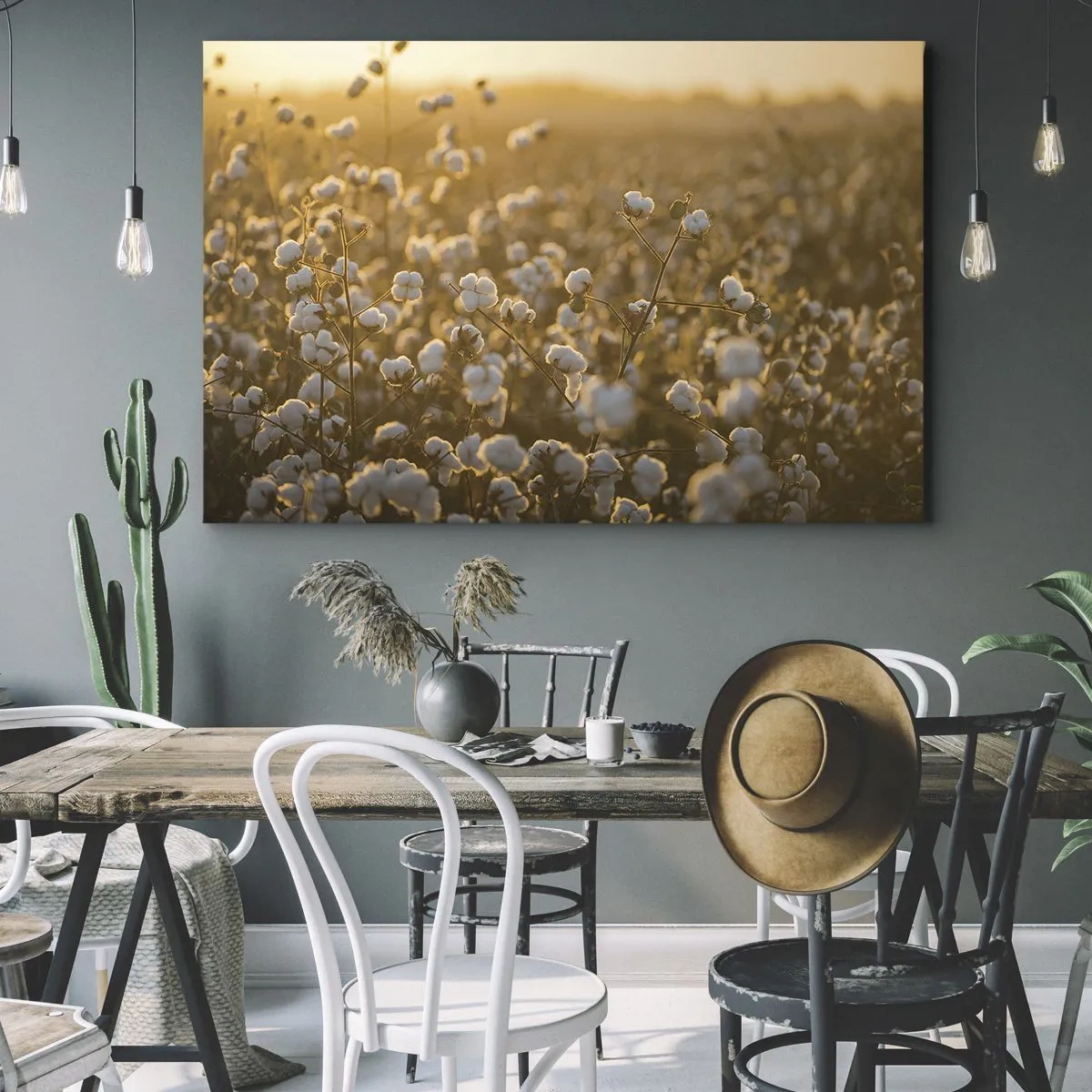 Impression sur toile - Image sur toile - Un champ de coton dans la chaude lumière du soleil couchant - 70x50cm - Champ moelleux - Décoration murale moderne pour le salon et la chambre ARTTOR
