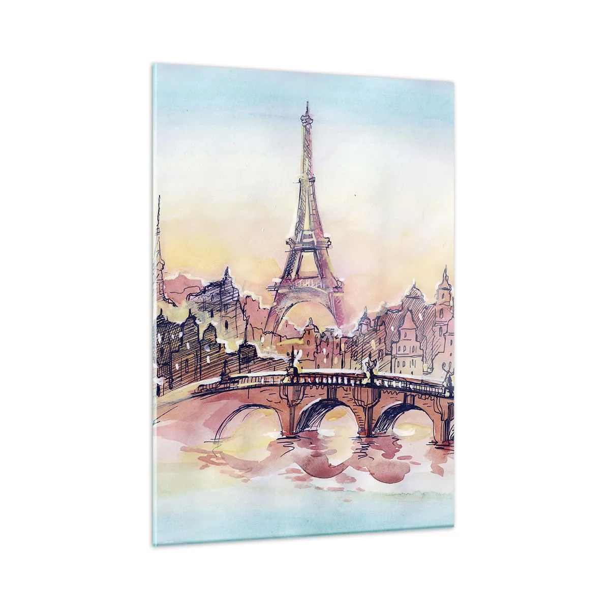 Impression sur verre - Image sur verre - Un panorama de Paris avec la Tour Eiffel dans un style aquarelle délicat - 50x70cm - La seule ville de ce type au monde - Décoration murale moderne pour le salon et la chambre ARTTOR