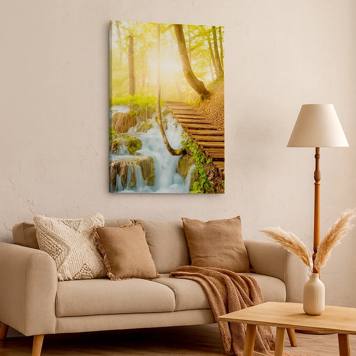 Impression sur toile - Image sur toile - Chemin forestier avec escaliers en bois près de la cascade - 50x70cm - Une fraîcheur tant désirée - Décoration murale moderne pour le salon et la chambre ARTTOR