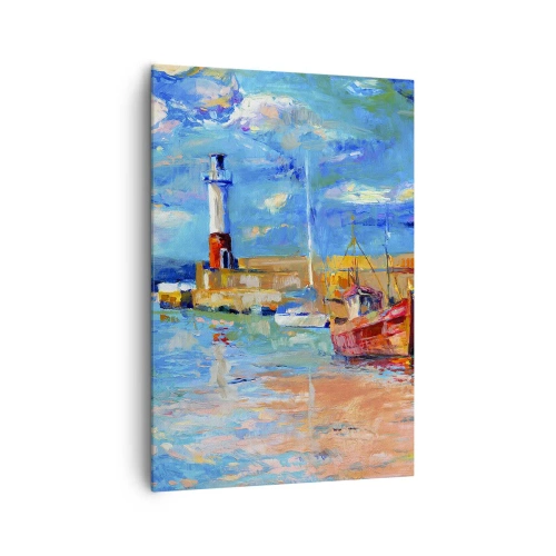 Impression sur toile - Image sur toile - Port de pêche avec bateaux et phare aux couleurs vives - 70x100cm - Un après-midi dans la baie arc-en-ciel - Décoration murale moderne pour le salon et la chambre ARTTOR