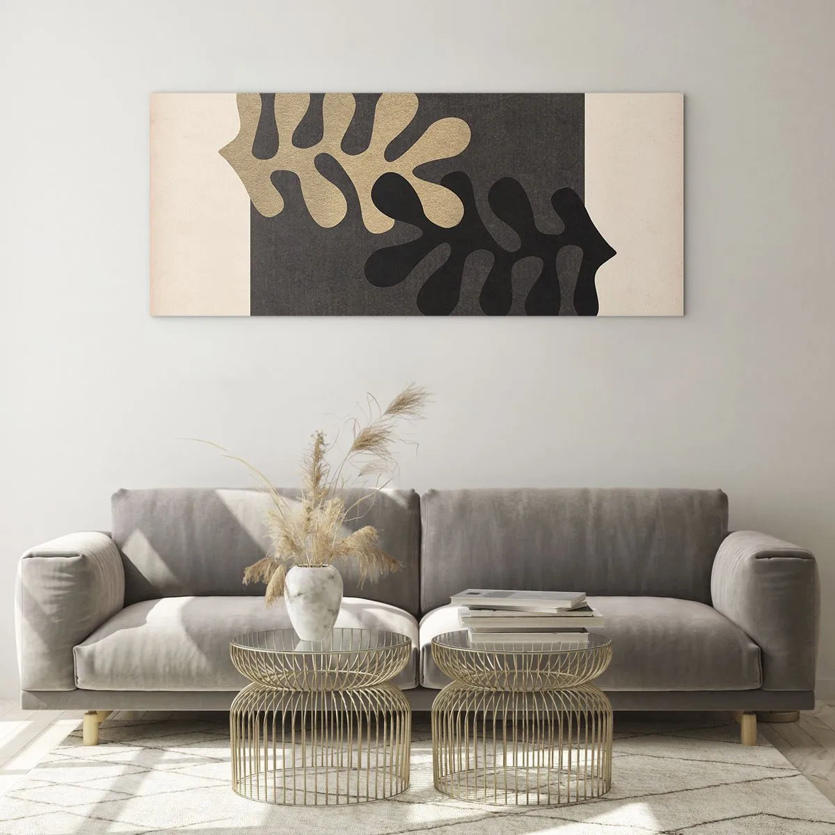 Impression sur verre - Image sur verre - Feuilles abstraites en noir et beige sur un fond rectangulaire - 120x50cm - Absence et complément - Décoration murale moderne pour le salon et la chambre ARTTOR