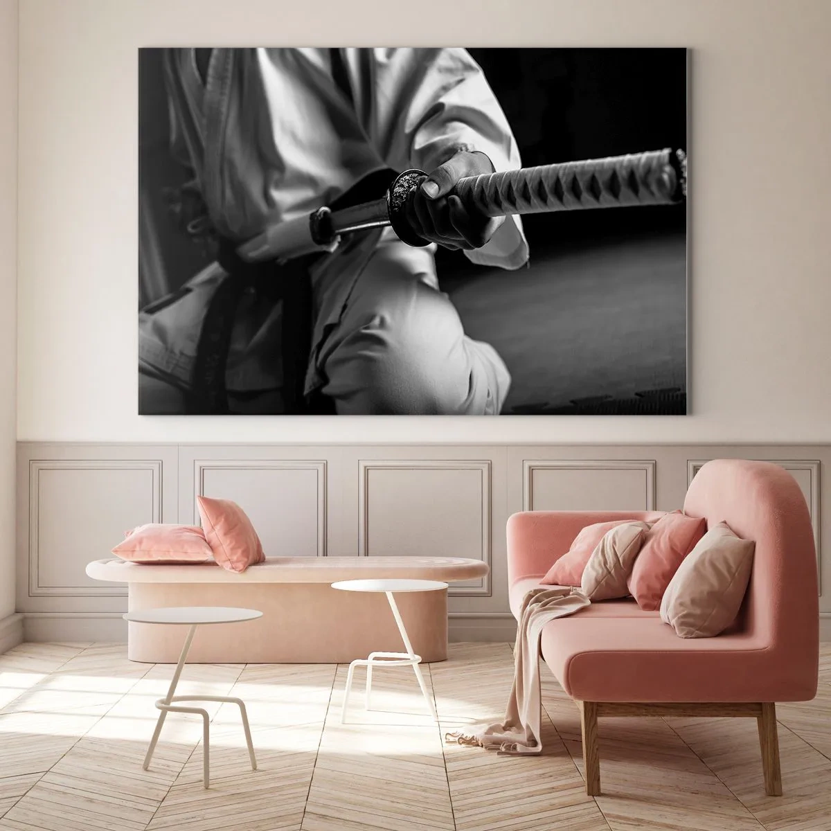 Impression sur verre - Image sur verre - Une figure en kimono tenant une épée, composition en noir et blanc - 70x50cm - Âme de guerrier - Décoration murale moderne pour le salon et la chambre ARTTOR