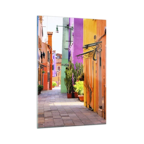 Impression sur verre - Image sur verre - Une rue colorée avec des immeubles aux tons clairs - 70x100cm - Allée arc-en-ciel - Décoration murale moderne pour le salon et la chambre ARTTOR
