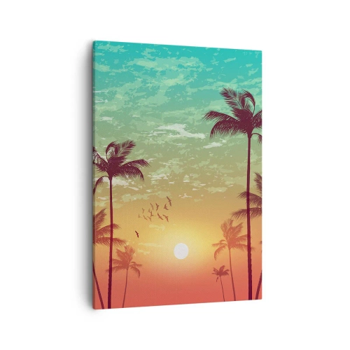 Impression sur toile - Image sur toile - Coucher de soleil avec des palmiers sur un ciel coloré - 50x70cm - Ambiance tropicale - Décoration murale moderne pour le salon et la chambre ARTTOR