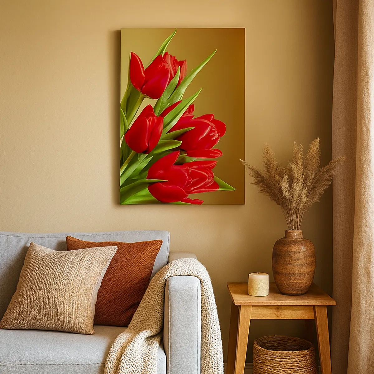 Impression sur toile - Image sur toile - Un bouquet de tulipes rouges sur fond doré avec des feuilles vertes. - 50x70cm - Amas de joie printanière - Décoration murale moderne pour le salon et la chambre ARTTOR