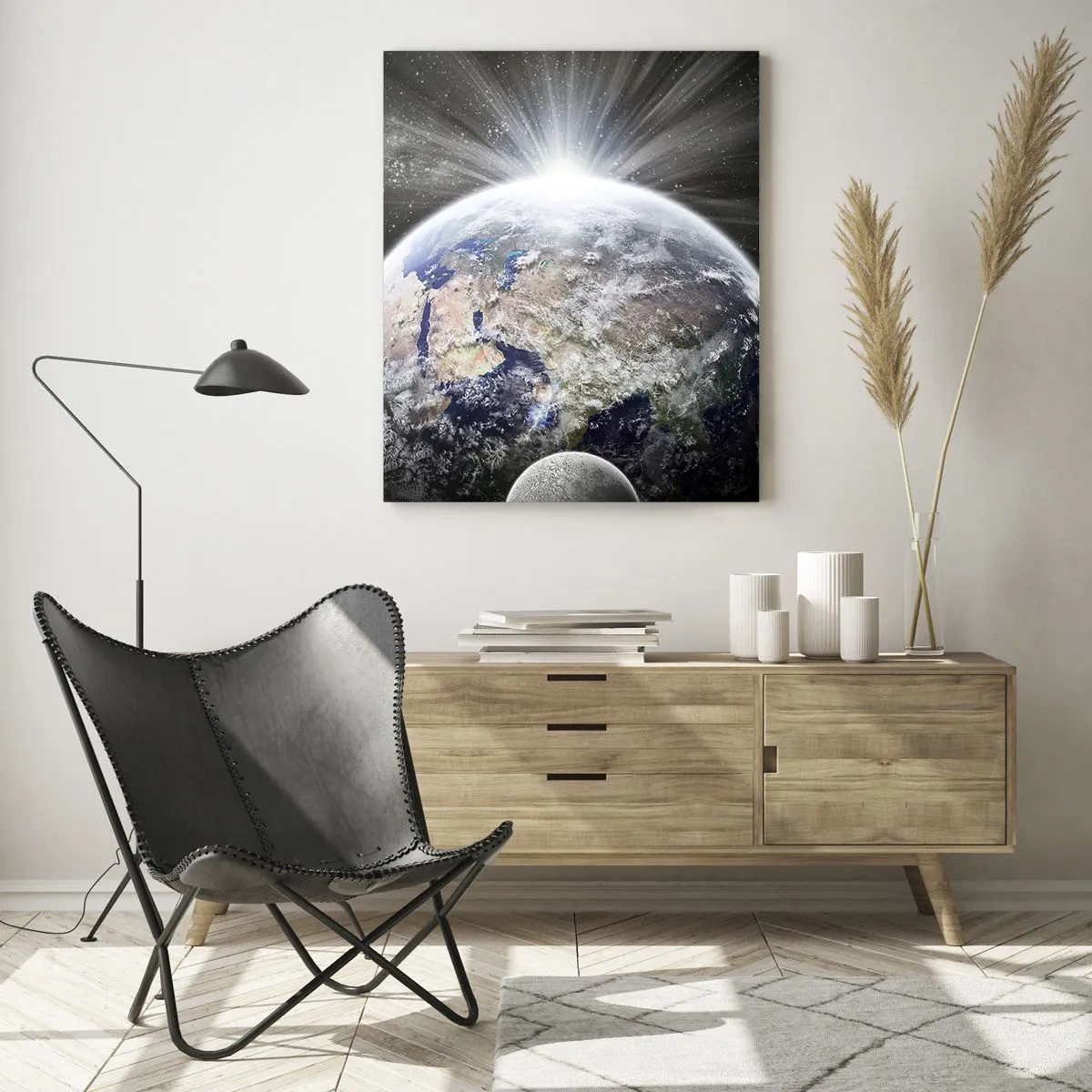 Impression sur verre - Image sur verre - La Terre et la Lune dans un paysage spatial - 50x70cm - En pleine splendeur - Décoration murale moderne pour le salon et la chambre ARTTOR