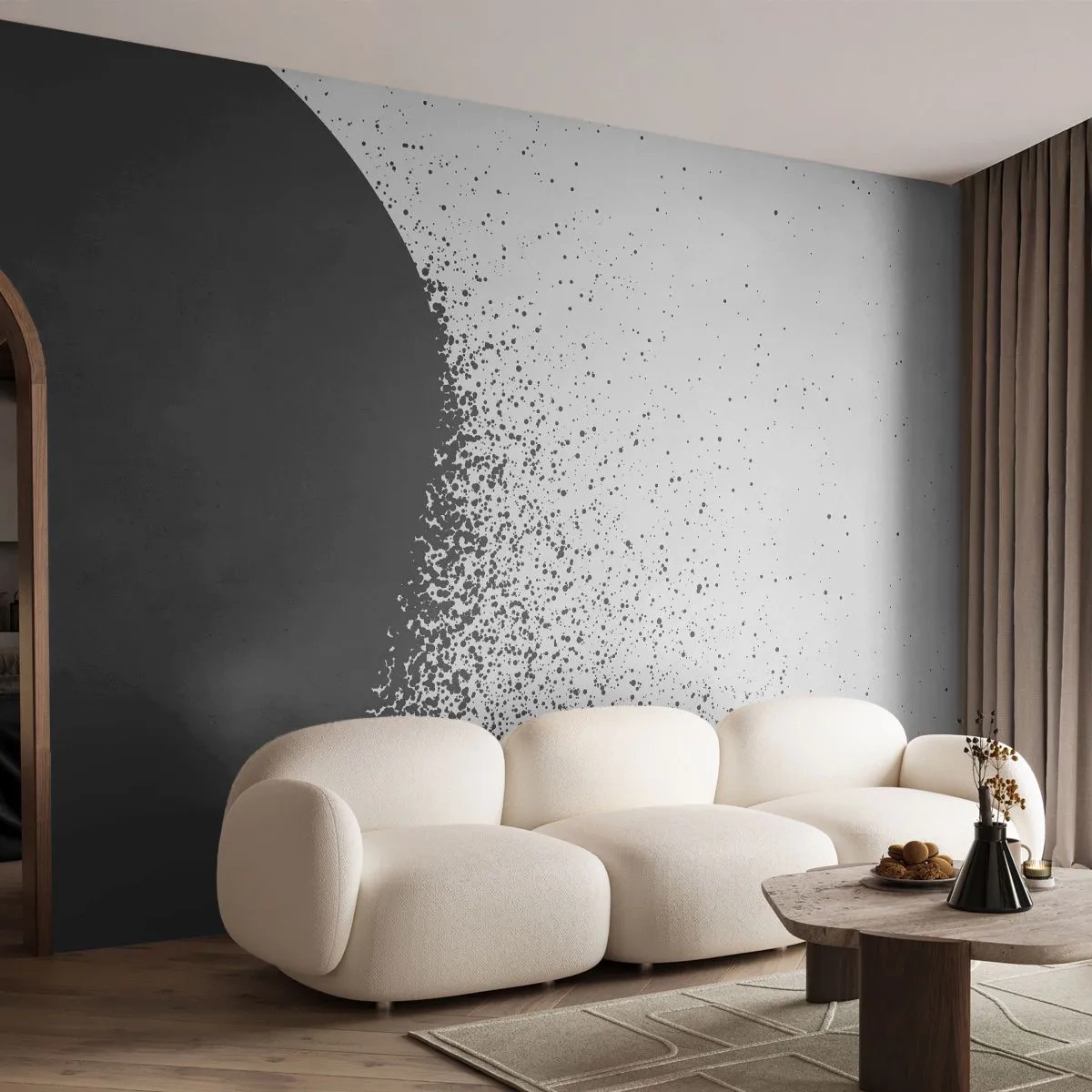 Papier Peint Photo Premium Sand - Mouvement des molécules - Abstraction, Noir et blanc, Graphique - 350x256 cm