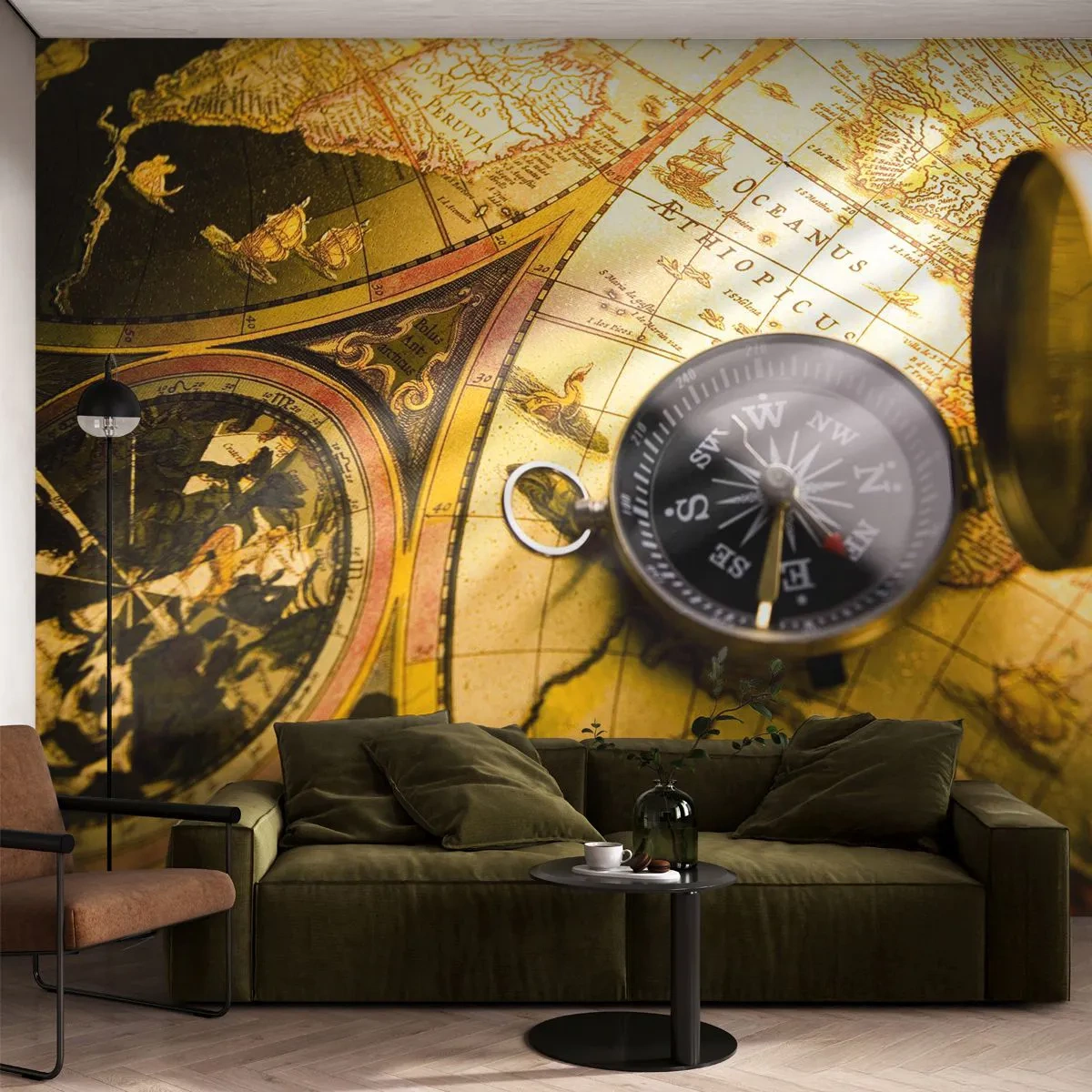 Papier Peint Autocollant Deluxe Sticker - Ou peut-être jusqu'au bout du monde ? - Voyages, Cartes du monde, Boussole - 350x256 cm