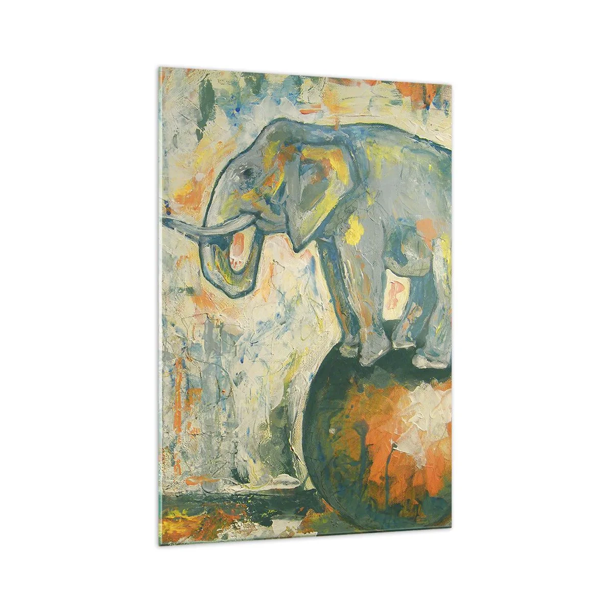 Impression sur verre - Image sur verre - Un éléphant en équilibre sur une balle dans un style artistique - 70x100cm - Que vive le cirque ! - Décoration murale moderne pour le salon et la chambre ARTTOR