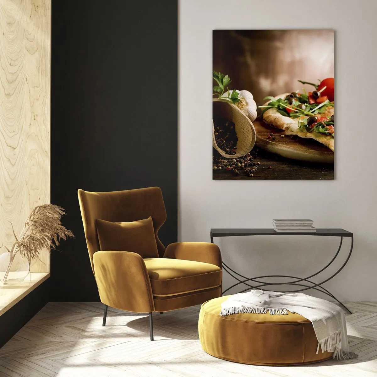 Impression sur verre - Image sur verre - Pizza aux légumes sur une planche en bois dans un style rustique - 80x120cm - Directement du four et du jardin - Décoration murale moderne pour le salon et la chambre ARTTOR