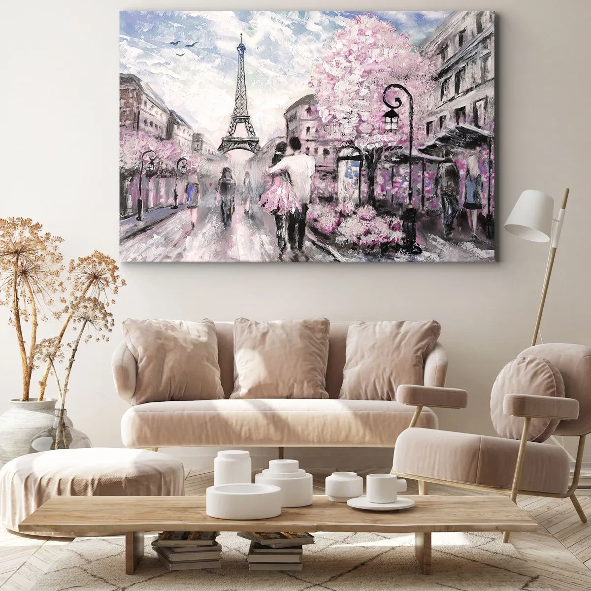 Impression sur toile - Image sur toile - Une promenade romantique à Paris près de la Tour Eiffel - 70x50cm - Comment tomber amoureu, il faut juste... - Décoration murale moderne pour le salon et la chambre ARTTOR