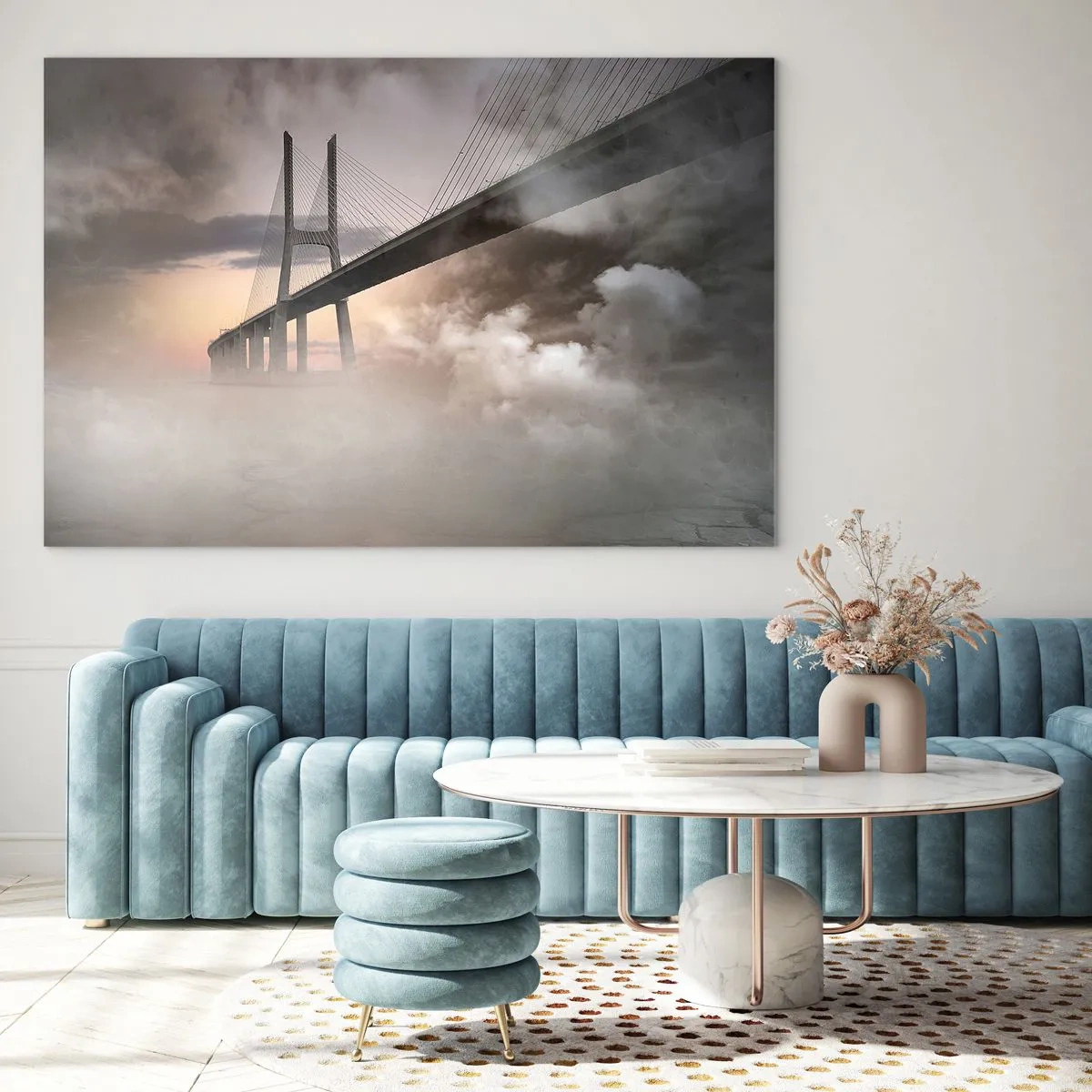 Impression sur verre - Image sur verre - Un pont dans le brouillard avec un ciel dramatique et une perspective en profondeur - 100x70cm - Sur la rivière qui n'existe pas - Décoration murale moderne pour le salon et la chambre ARTTOR