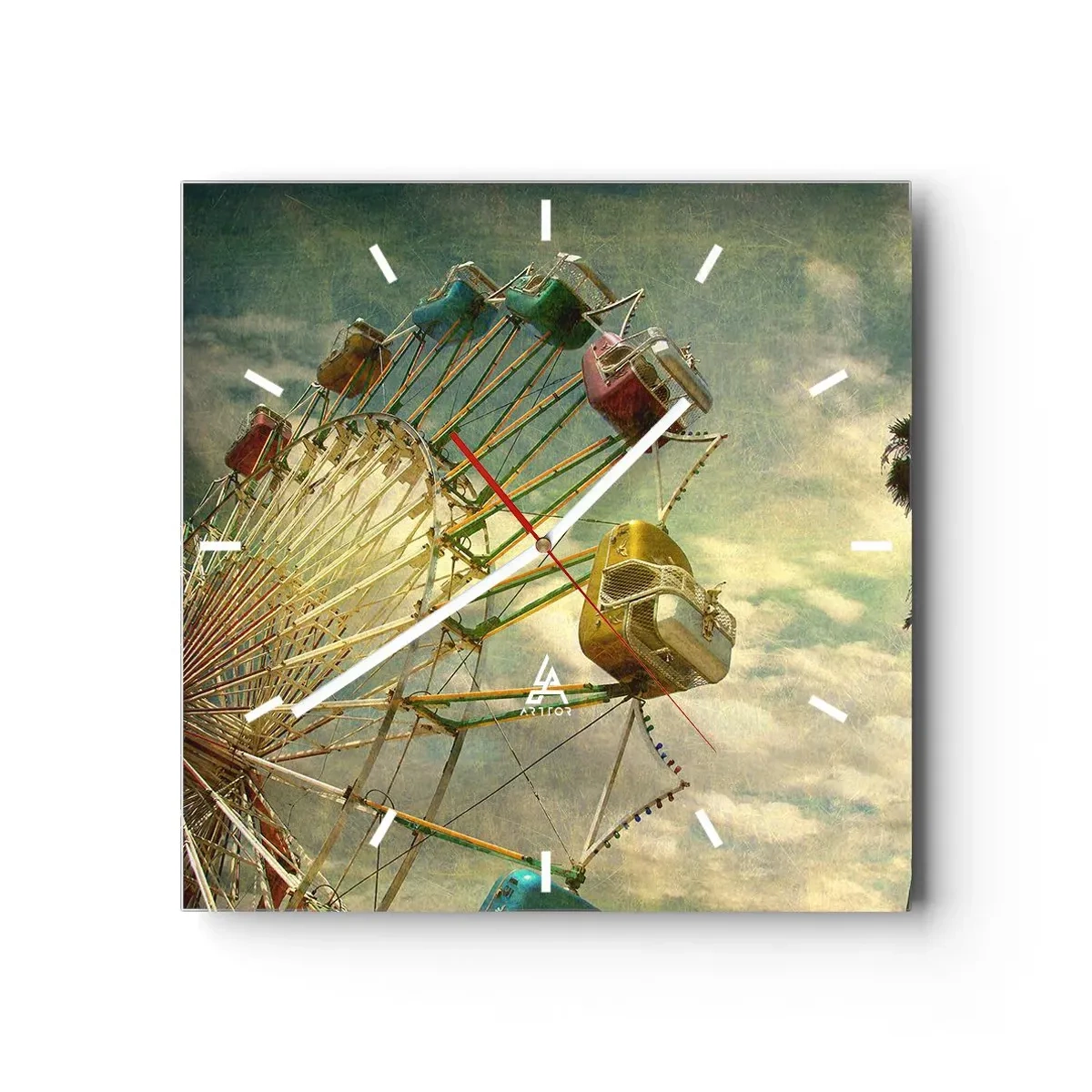 Horloge murale - Pendule murale - Photo rétro d'une grande roue avec des palmiers contre le ciel - 30x30cm - On va faire la fête - Décoration murale moderne pour le salon et la chambre ARTTOR
