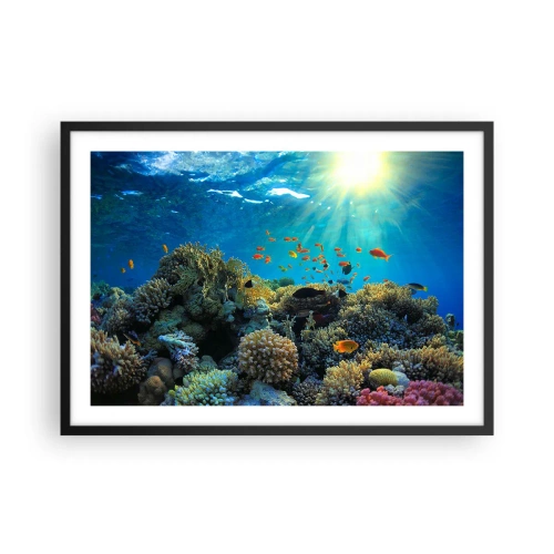 Affiche dans un cadre noir - Poster - Récif corallien avec des poissons sous les rayons du soleil sous l'eau - 70x50cm - Trésor sous-marin - Décoration murale moderne pour le salon et la chambre ARTTOR