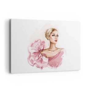 Impression sur toile - Image sur toile - Portrait d'une femme en robe rose sur fond clair - 120x80cm - Comme peinte... - Décoration murale moderne pour le salon et la chambre ARTTOR