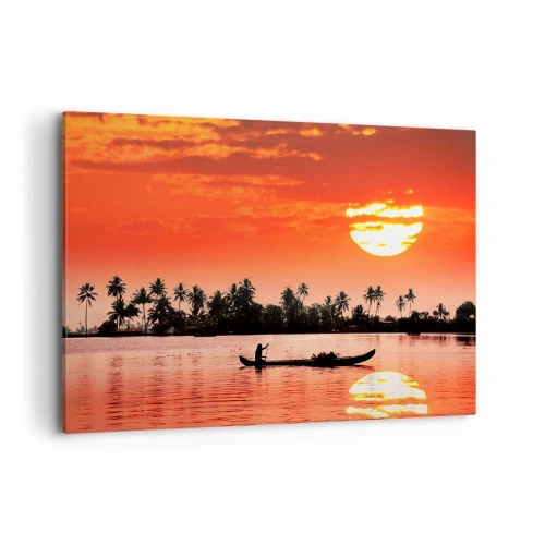 Impression sur toile - Image sur toile - Coucher de soleil tropical avec un bateau et des palmiers en arrière-plan - 120x80cm - La tranquillité des tropiques au coucher du soleil - Décoration murale moderne pour le salon et la chambre ARTTOR