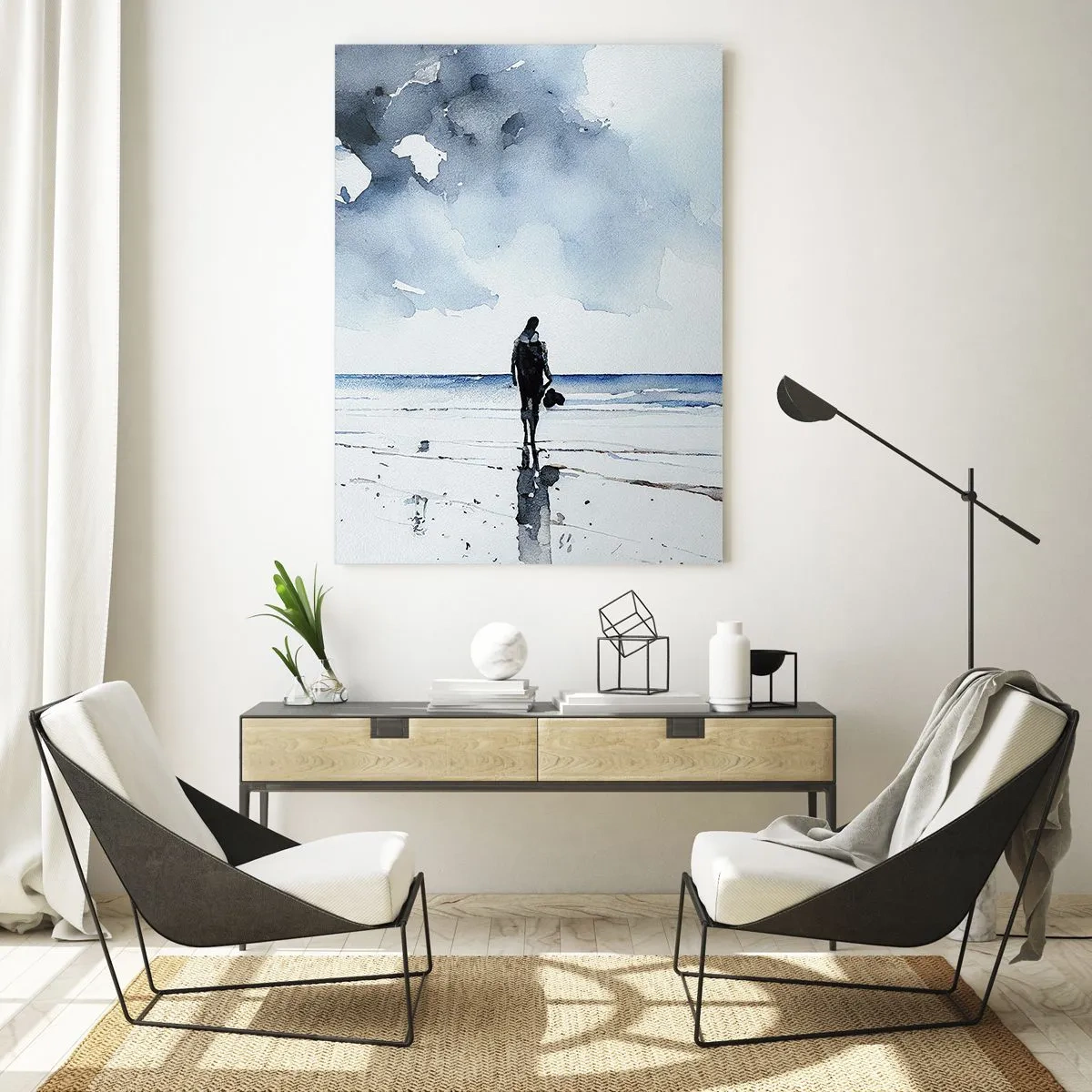 Impression sur verre - Image sur verre - Une silhouette sur une plage dans un environnement marin calme - 80x120cm - Conversation avec la mer - Décoration murale moderne pour le salon et la chambre ARTTOR
