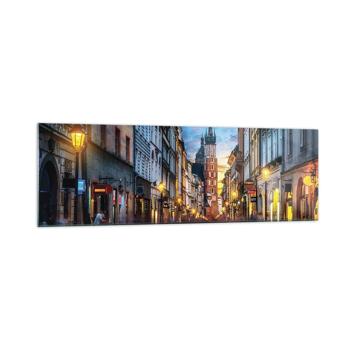 Impression sur verre - Image sur verre - Rue du soir avec vue sur la cathédrale de Cracovie - 160x50cm - La magie de Cracovie - Décoration murale moderne pour le salon et la chambre ARTTOR