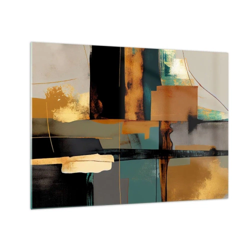 Impression sur verre - Image sur verre - Abstraction moderne avec contrastes or, noir et turquoise - 70x50cm - Abstraction – lumière et ombre - Décoration murale moderne pour le salon et la chambre ARTTOR