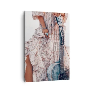Impression sur toile - Image sur toile - Femme de style bohème avec guitare sur la plage - 50x70cm - Enfant de fleur en route - Décoration murale moderne pour le salon et la chambre ARTTOR