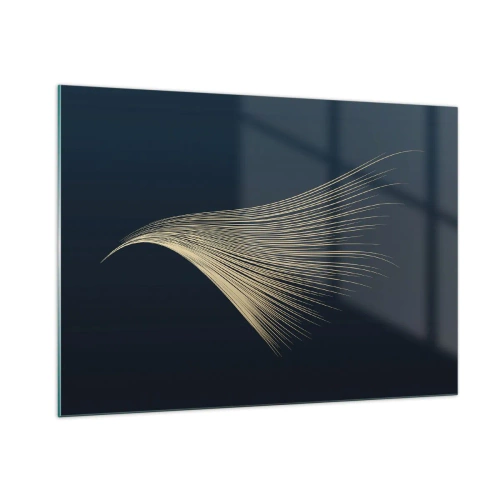 Impression sur verre - Image sur verre - Une ligne dorée ressemblant à une aile sur un fond bleu marine - 100x70cm - Comme les cheveux d'un ange - Décoration murale moderne pour le salon et la chambre ARTTOR