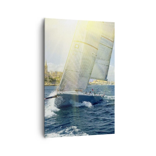 Impression sur toile - Image sur toile - Course de yachts sur fond de côte ensoleillée - 80x120cm - Il est temps de quitter la ville - Décoration murale moderne pour le salon et la chambre ARTTOR