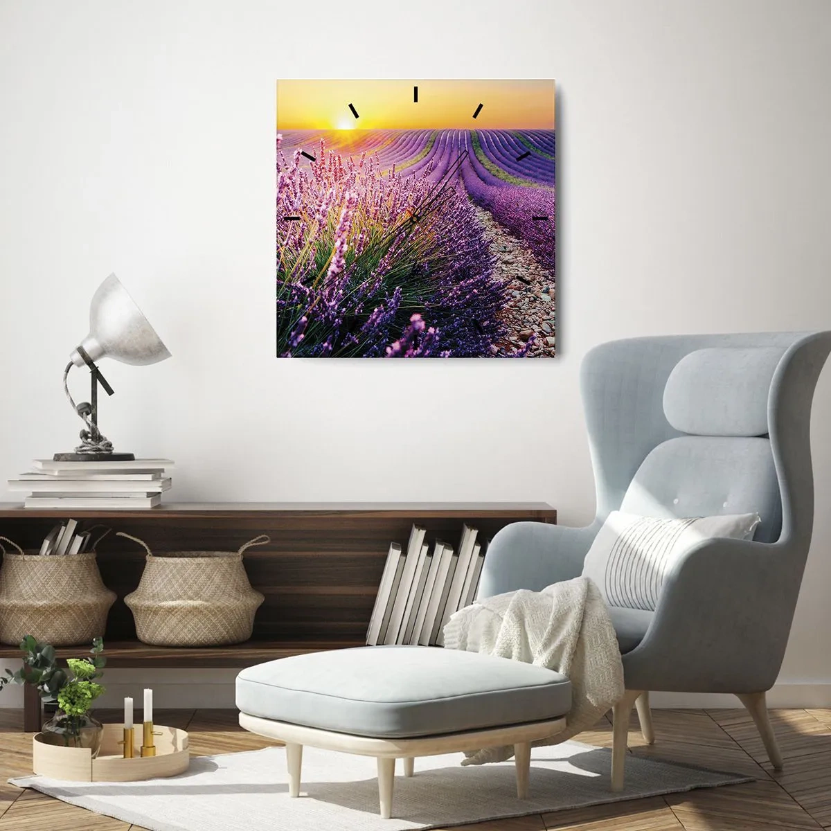 Horloge murale - Pendule murale - Champ de lavande au coucher du soleil - 30x30cm - Tige parfumée - Décoration murale moderne pour le salon et la chambre ARTTOR
