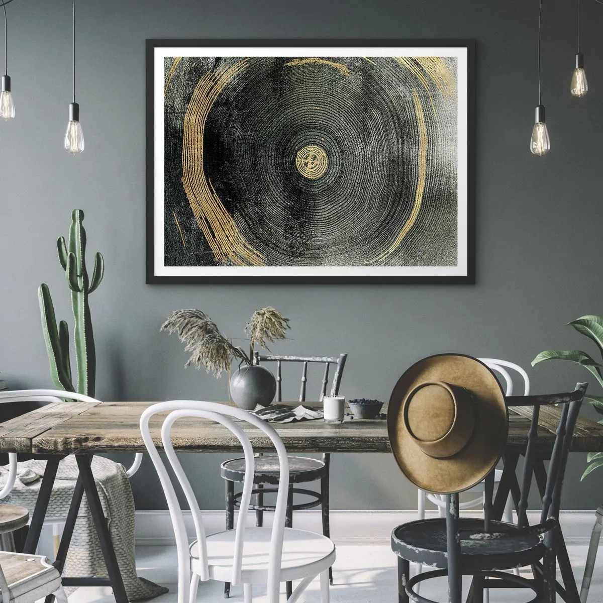 Affiche dans un cadre noir - Poster - Cercles concentriques avec des accents dorés - 70x50cm - Changement et persistance - Décoration murale moderne pour le salon et la chambre ARTTOR
