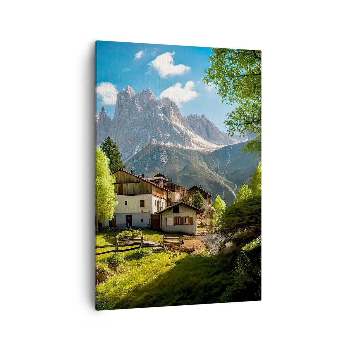 Impression sur toile - Image sur toile - Un village de montagne avec des maisons et une vue sur les Alpes - 70x100cm - Idylle alpine - Décoration murale moderne pour le salon et la chambre ARTTOR