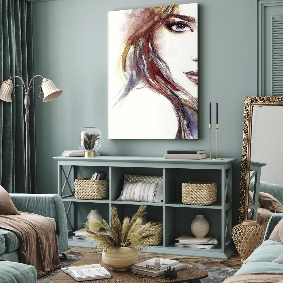 Impression sur toile - Image sur toile - Une aquarelle subtile du visage d'une femme au regard expressif. - 50x70cm - Vademecum - suivez-moi - Décoration murale moderne pour le salon et la chambre ARTTOR