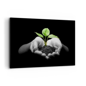 Impression sur toile - Image sur toile - Mains tenant une plante verte sur fond noir - 120x80cm - J'aime la nature, je la protège - Décoration murale moderne pour le salon et la chambre ARTTOR