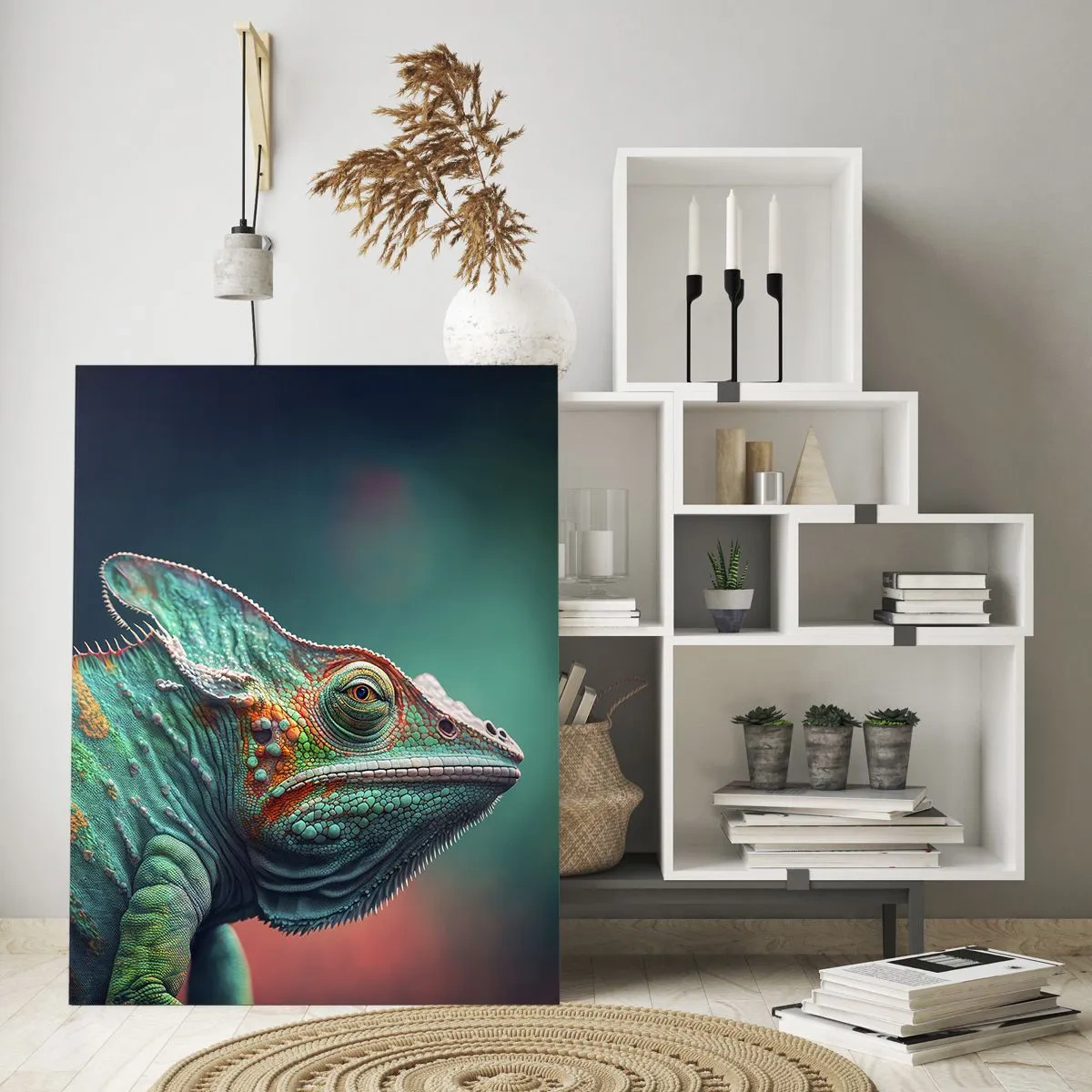 Impression sur verre - Image sur verre - Gros plan d'un caméléon aux couleurs intenses - 80x120cm - Vous me voyez? Pas bien… - Décoration murale moderne pour le salon et la chambre ARTTOR