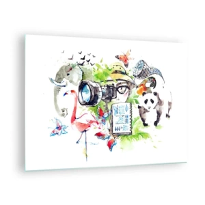 Impression sur verre - Image sur verre - Illustration d'un photographe avec un appareil photo et des animaux - 70x50cm - Dans l'objectif d'un voyageu - Décoration murale moderne pour le salon et la chambre ARTTOR