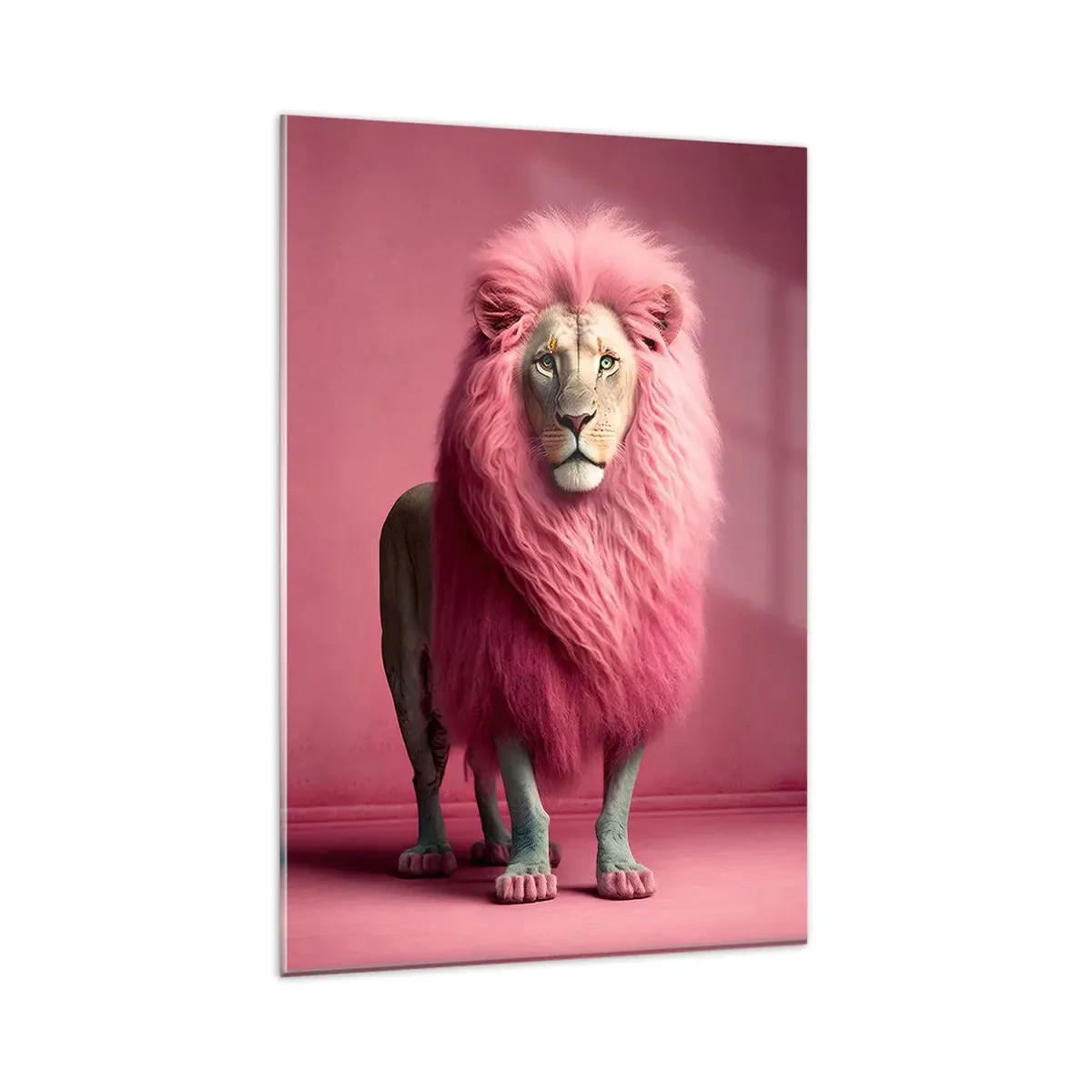 Impression sur verre - Image sur verre - Un lion rendu artistiquement avec une crinière rose sur un fond rose - 80x120cm - Et tu n'as plus peur - Décoration murale moderne pour le salon et la chambre ARTTOR