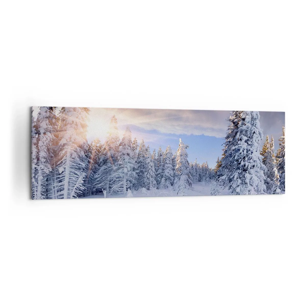 Impression sur toile - Image sur toile - Paysage d'hiver avec une forêt enneigée au coucher du soleil - 160x50cm - Un spectacle enneigé de la nature - Décoration murale moderne pour le salon et la chambre ARTTOR