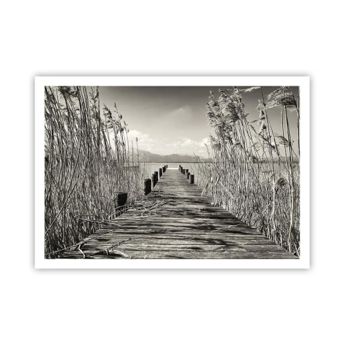 Affiche - Poster - Une jetée en bois parmi les hautes herbes au-dessus d'un lac aux tons sépia - 100x70cm - Dans le calme de l'herbe - Décoration murale moderne pour le salon et la chambre ARTTOR