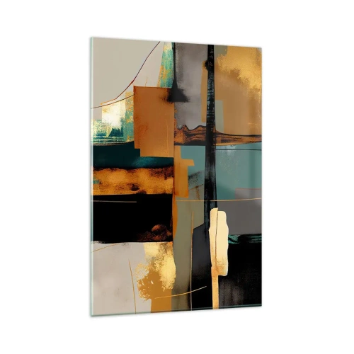 Impression sur verre - Image sur verre - Composition abstraite avec des éléments dorés et turquoise - 80x120cm - Abstraction – lumière et ombre - Décoration murale moderne pour le salon et la chambre ARTTOR