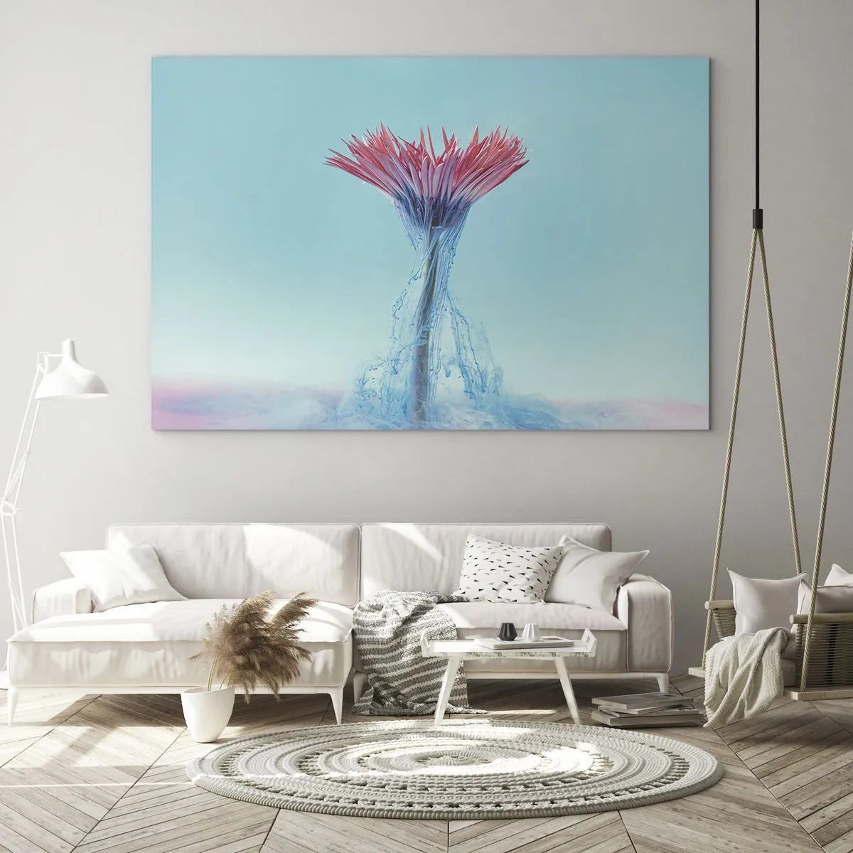 Impression sur verre - Image sur verre - Une fleur fantaisiste plongée dans une brume bleue et rose - 70x50cm - Dans une étreinte vivifiante - Décoration murale moderne pour le salon et la chambre ARTTOR