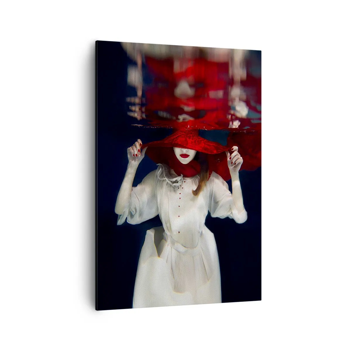 Impression sur toile - Image sur toile - Une femme avec un chapeau rouge immergée dans l'eau - 70x100cm - Femme mystérieuse - Décoration murale moderne pour le salon et la chambre ARTTOR