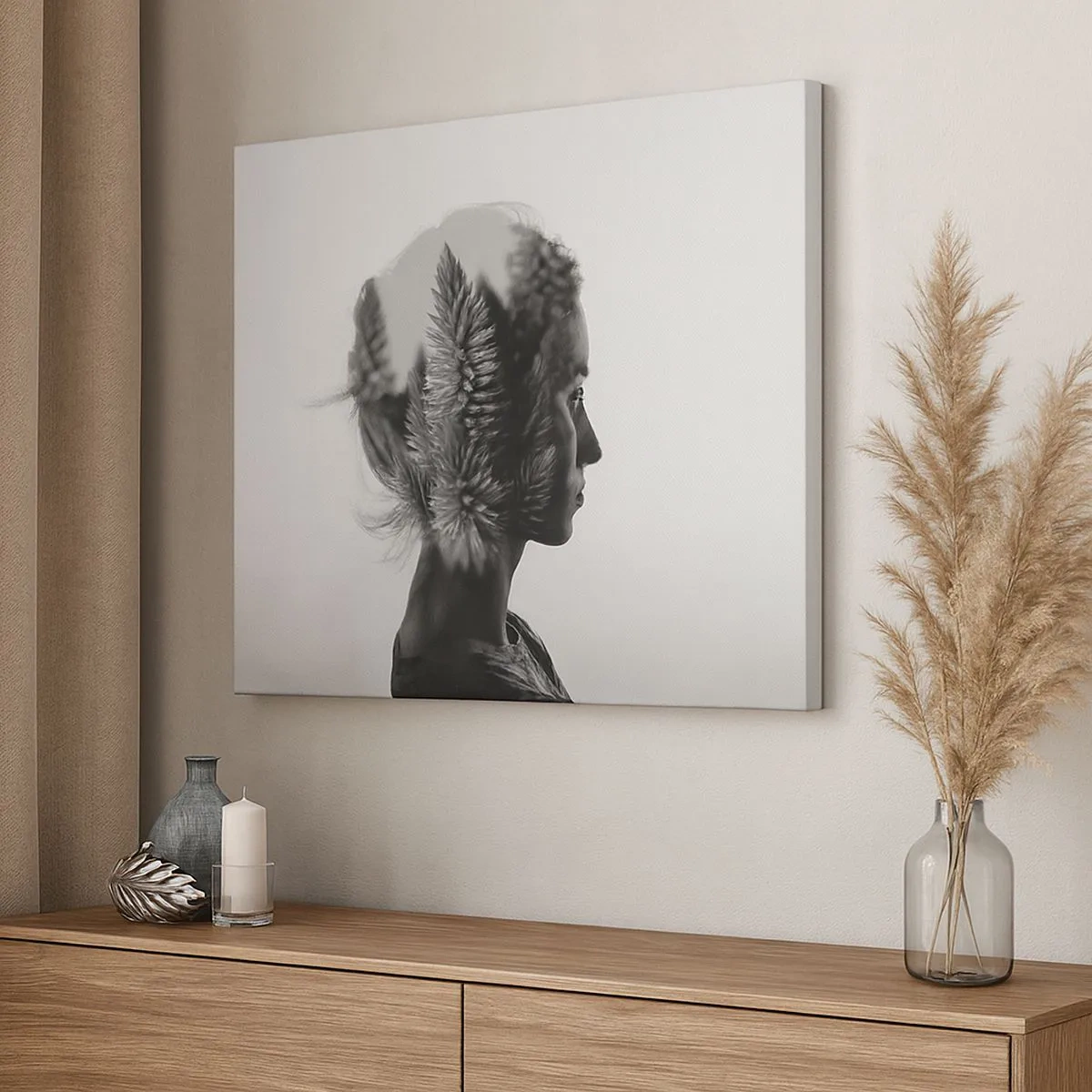 Impression sur toile - Image sur toile - Un portrait subtil avec des éléments de la nature - 70x50cm - Dame de la pinède - Décoration murale moderne pour le salon et la chambre ARTTOR