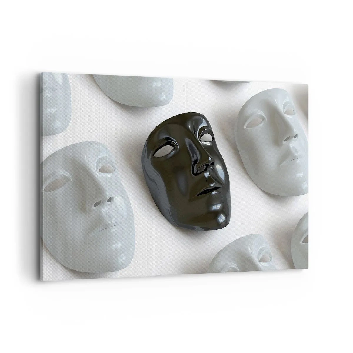 Impression sur toile - Image sur toile - Masques noirs et blancs sur fond clair - 120x80cm - Comment se démarquer ? - Décoration murale moderne pour le salon et la chambre ARTTOR