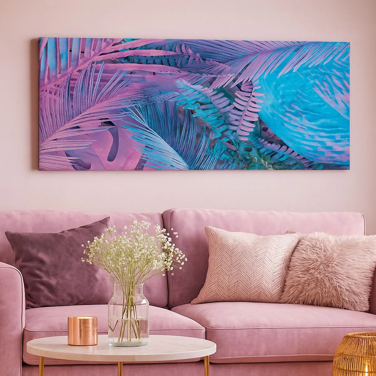Impression sur toile - Image sur toile - Les tropiques en rose et bleu - 100x40 cm