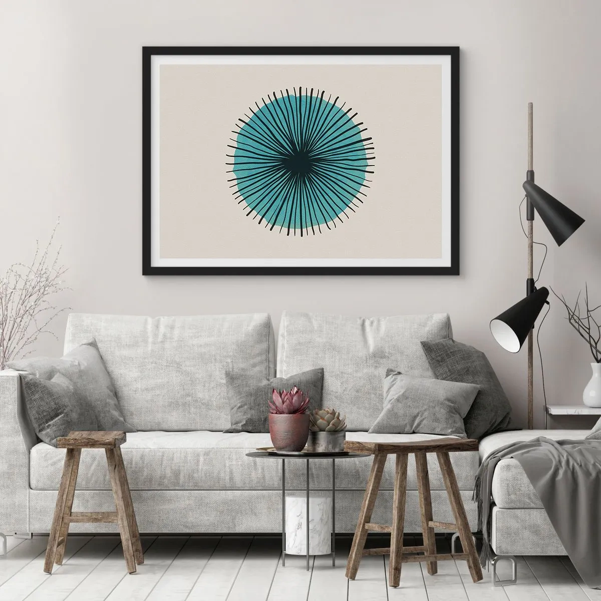 Affiche dans un cadre noir - Poster - Forme circulaire abstraite avec des rayons bleus - 100x70cm - Rayonnant dans l'azur - Décoration murale moderne pour le salon et la chambre ARTTOR