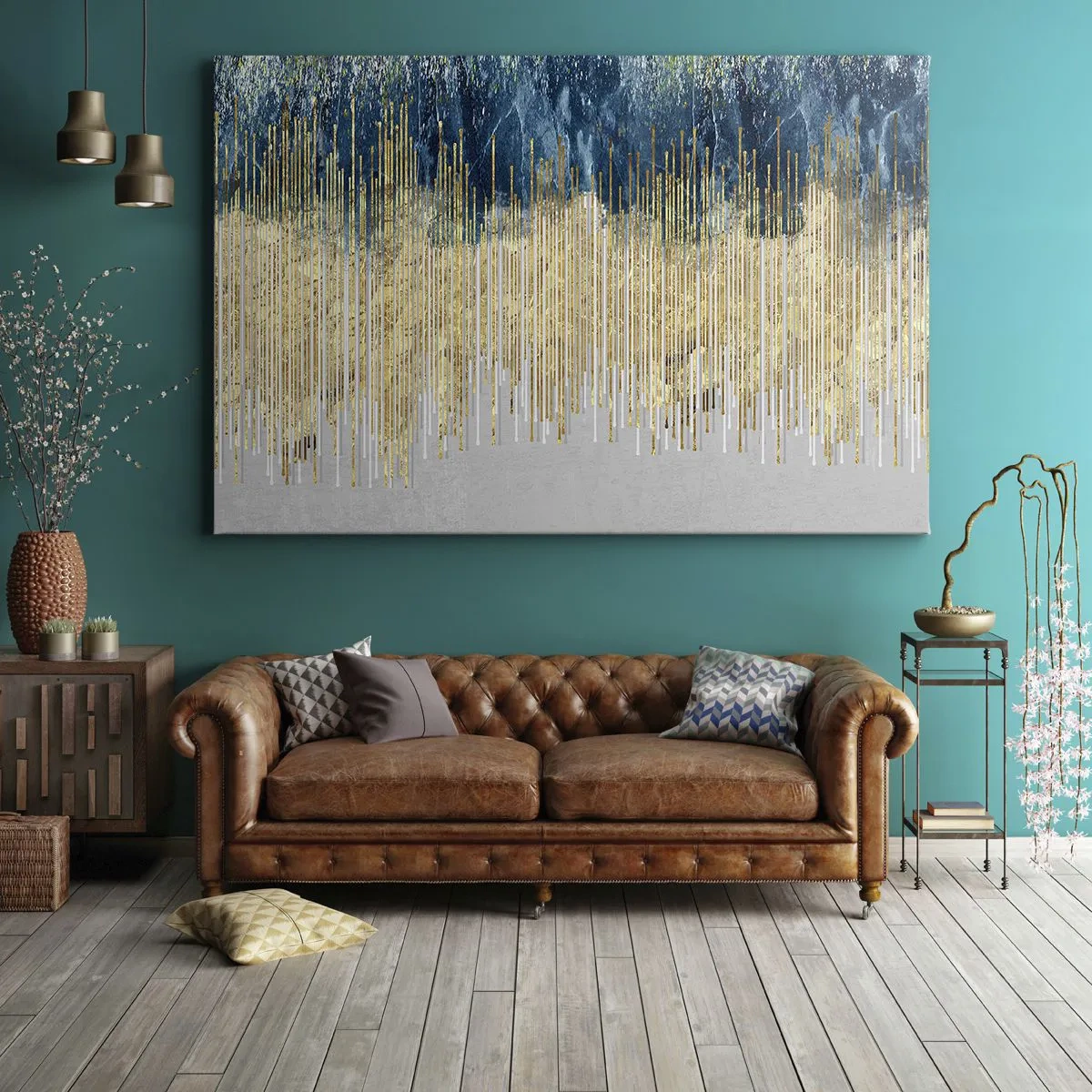 Impression sur toile - Image sur toile - Lignes dorées sur fond d'abstraction bleu marine et gris - 70x50cm - Bordure dorée - Décoration murale moderne pour le salon et la chambre ARTTOR