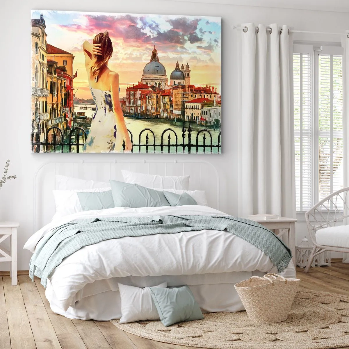 Impression sur toile - Image sur toile - Une femme admirant le paysage pittoresque au bord du canal - 100x70cm - Pour une aventure c'est uniquement dans ... - Décoration murale moderne pour le salon et la chambre ARTTOR
