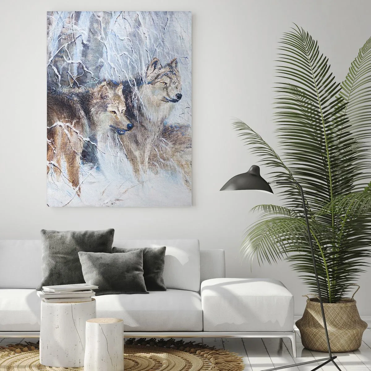 Impression sur verre - Image sur verre - Loups dans une forêt hivernale sur fond de neige - 70x100cm - Attention! Ca arrive ... - Décoration murale moderne pour le salon et la chambre ARTTOR