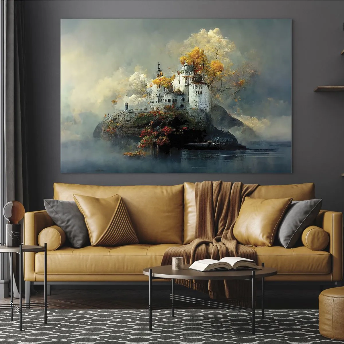 Impression sur verre - Image sur verre - Un château sur un rocher entouré de brouillard et d'arbres d'automne - 70x50cm - Le début d'une histoire romantique - Décoration murale moderne pour le salon et la chambre ARTTOR