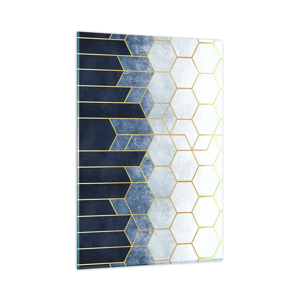 Impression sur verre - Image sur verre - Motif géométrique dans les tons or et bleu marine - 80x120cm - Composition en rythme syncopé - Décoration murale moderne pour le salon et la chambre ARTTOR