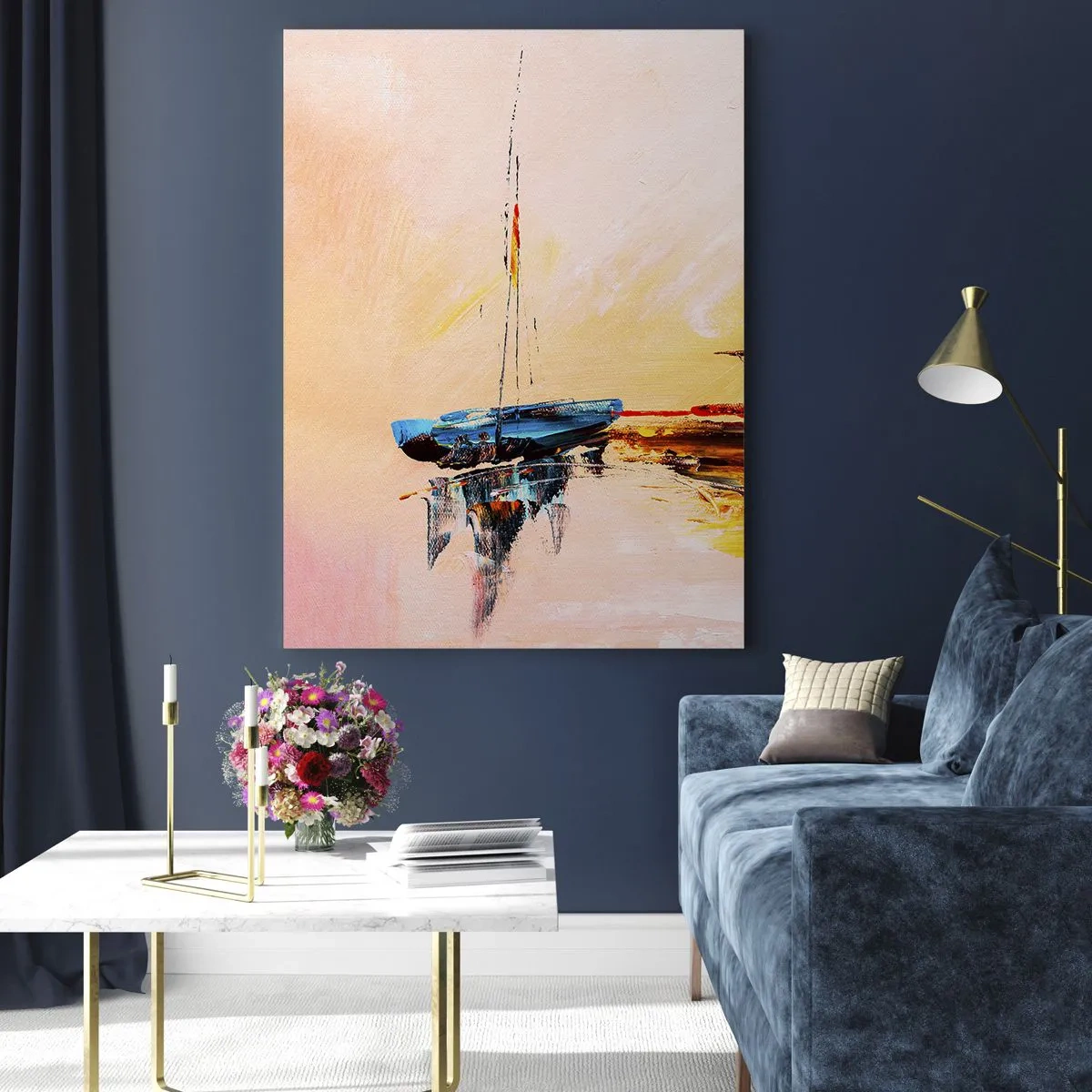 Impression sur verre - Image sur verre - Bateaux colorés sur une eau calme au coucher du soleil - 80x120cm - Soirée à la marina - Décoration murale moderne pour le salon et la chambre ARTTOR